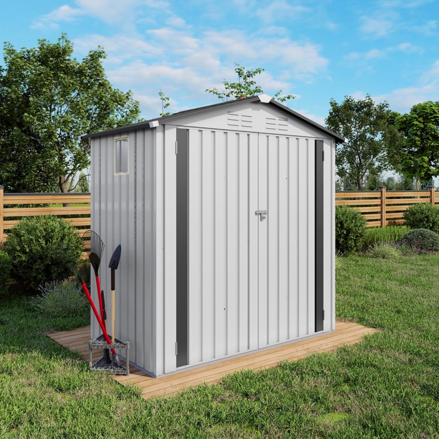 8x5.7x6FT Storage Shed, Outdoor Galvanized Steel Garden Shed with Lockable Door & Window, Waterproof Metal Tool Storage for Garden, Backyard, Patio, Lawn