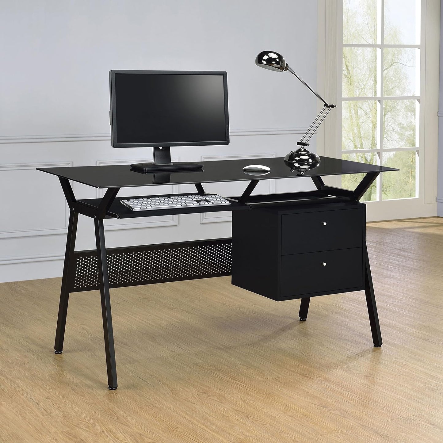 Coaster Home Furnishings - Weaving - Engineered Wood - 55-Inch 2-Drawer Computer Desk with File Cabinet, Adjustable Shelf, and Slide-Out Keyboard Tray - Home Office - White - 800436