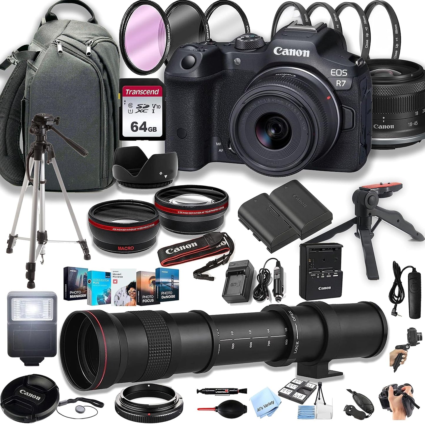 Canon EOS R7 Digital Camera with RF-S 18-45mm f/4.5-6.3 is STM Lens+ 420-800mm Super Telephoto Lens + 100S Sling Backpack + 64GB Memory Cards, Professional Photo Bundle (42pc Bundle) (Renewed)