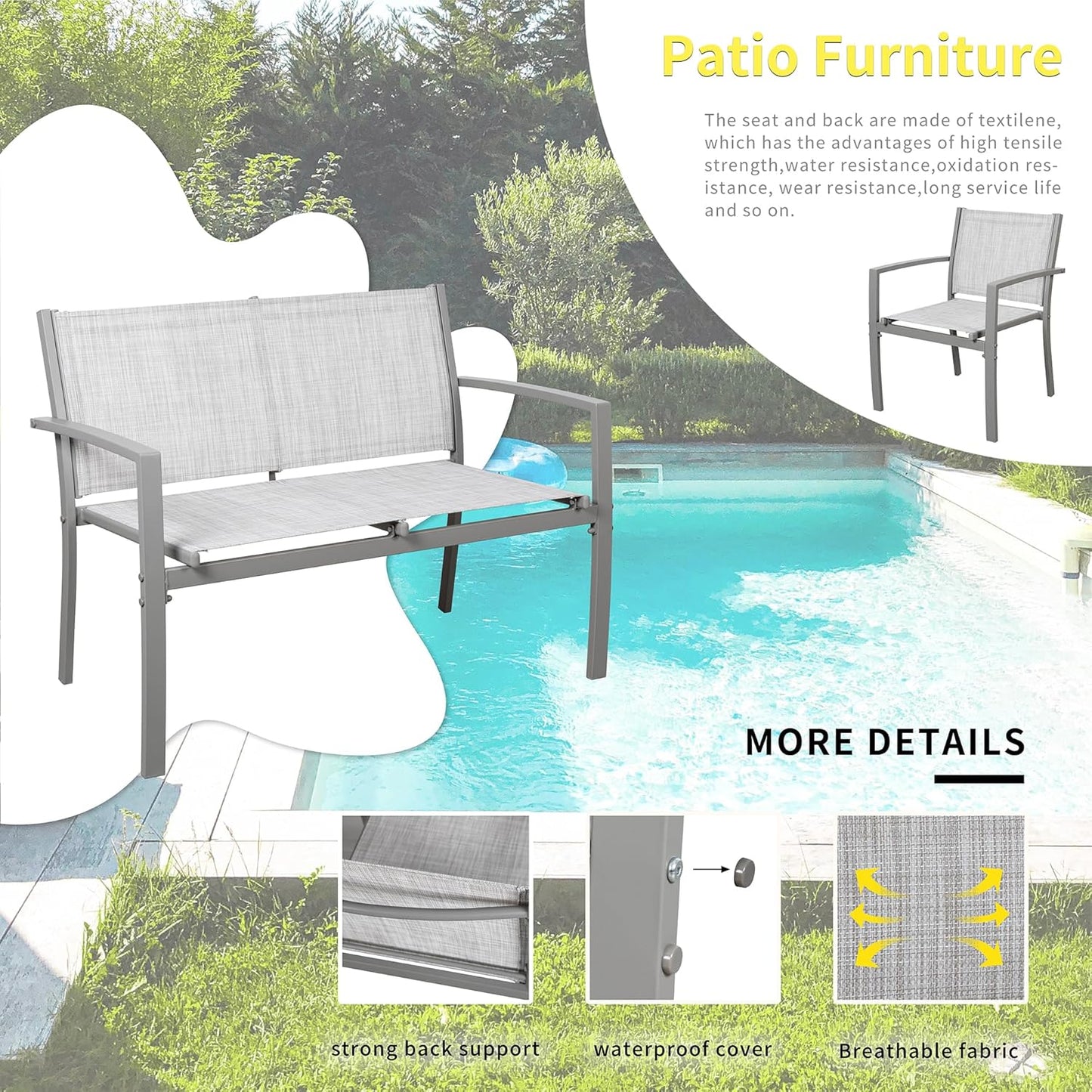 Shintenchi 4 Pieces Patio Furniture Set All Weather Textile Fabric Outdoor Conversation Set, with Glass Coffee Table, Loveseat, 2 Single Chairs for Home, Garden, Lawn, Porch（Silver）