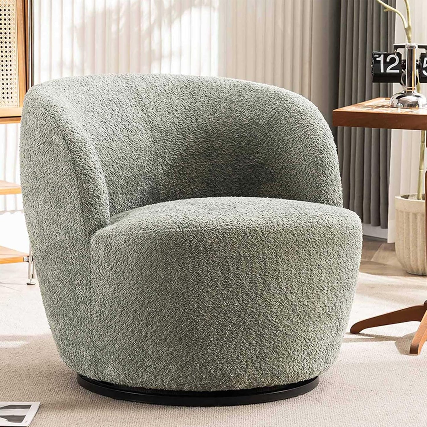 Rowill 30" Wide Swivel Barrel Accent Chair, Modern Upholstered Round Chairs with Curved Back and Soft Cushion, Boucle Fabric Padded Armchair Single Sofa for Living Room, Bedroom, Reading Room, Beige