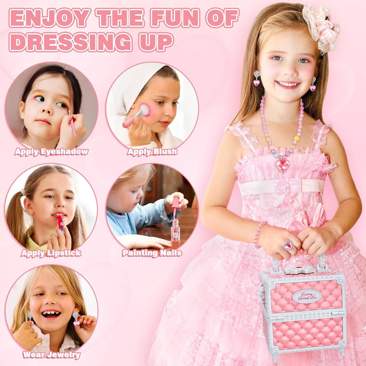 99 Pcs Kids Makeup Kit for Girls, Princess Toys Real Washable Cosmetics Set with Mirror, Hair Ties, Nails, Rings, Earrings, Necklace, Perfect for 3 4 5 6 7 8 Year Old Girls Birthday