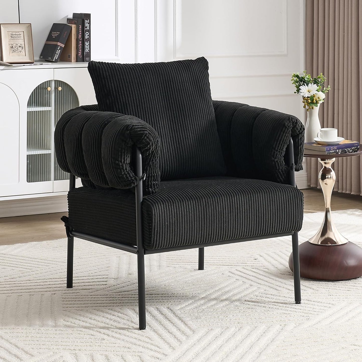 YISHENG Modern Velvet Accent Chair Set of 2 Upholstered Comfy Lounge Sofa Chair, Fabric Oversize Lazy Arm Chair with Soft Cushion, Metal Frame Reading Chair for Living Room, Balcony,Bedroom,Black