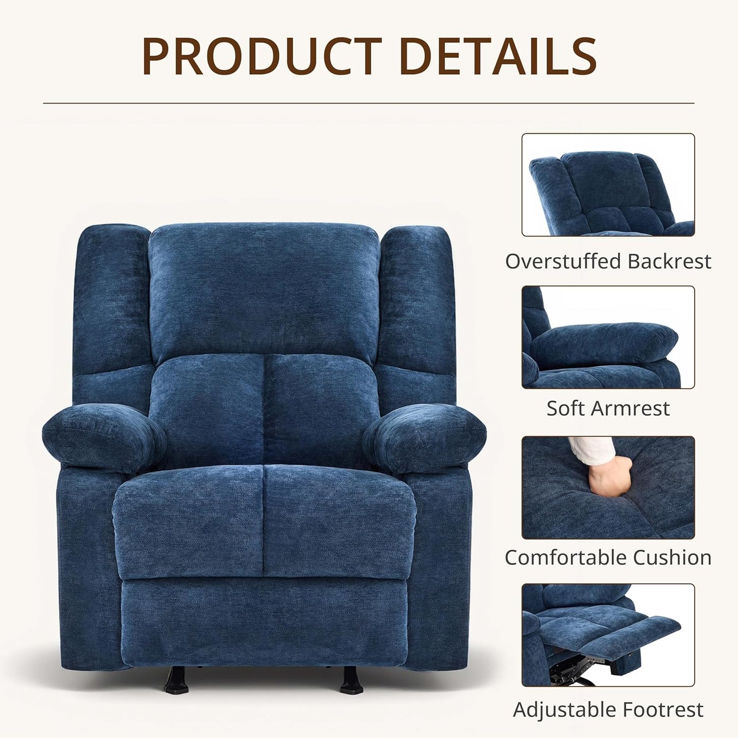 Velvet Rocker Recliner Chair for Adults, Rocker Recliner Nursing Single Sofa with Overstuffed Armrest and Backrest, Lazy Boy Recliner Chair with Side Pockets for Living Room, Medium, Blue