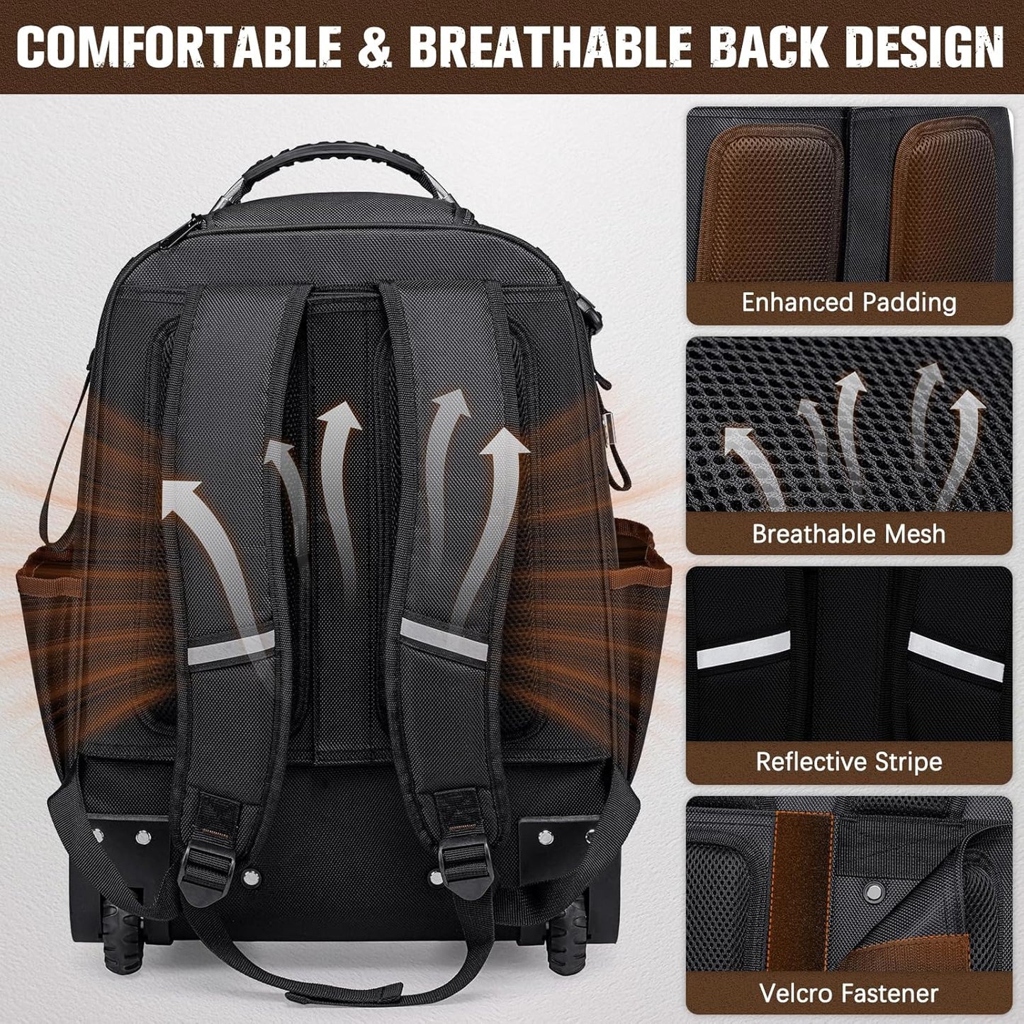 Rolling Tool Backpack Heavy Duty, 43 Pockets Tool Backpack with Wheels, Rolling Tool Bags for Men with Retractable Handle, 1680D Tool Bag with Wheels for Electrician Construction Worker Mechanic HVAC