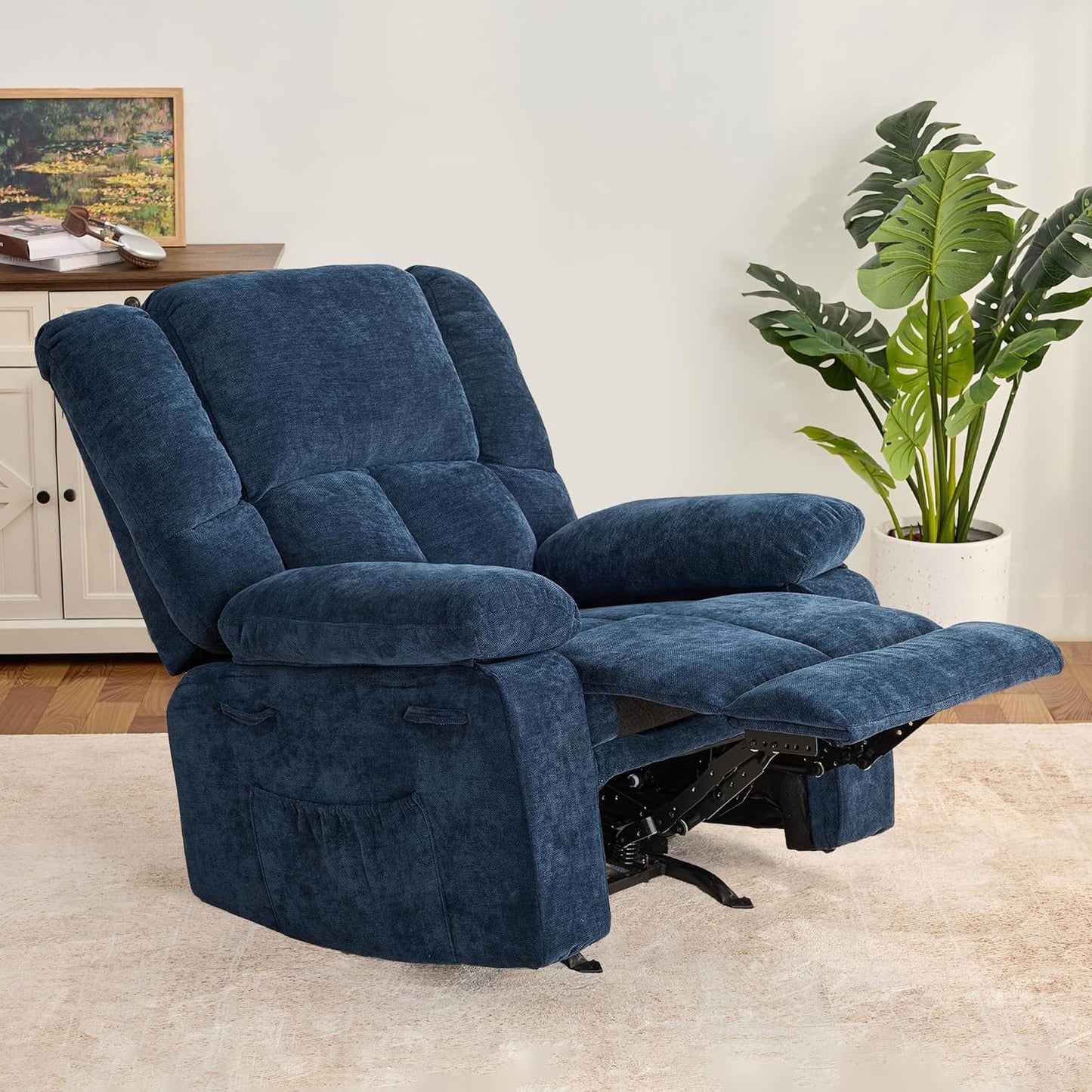 Velvet Rocker Recliner Chair for Adults, Rocker Recliner Nursing Single Sofa with Overstuffed Armrest and Backrest, Lazy Boy Recliner Chair with Side Pockets for Living Room, Medium, Blue