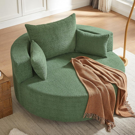 55.1” Oversized Round Swivel Barrel Chair, Large Upholstered Accent Sofa Chair with 3 Pillow, Comfy Chenille Cloud Circle Reading Chaise Lounge Indoor for Living Room, Bedroom,Apartment,Green