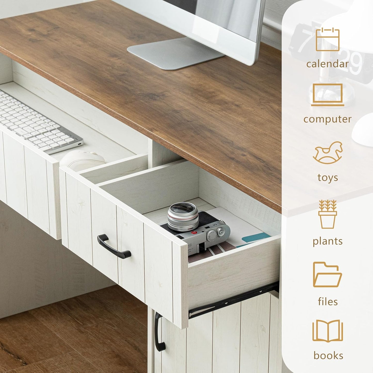White Desk with Storage, 47 inch Farmhouse Style Desk with Drawers - 2 Drawers & File Drawer, Home Office Computer Desk with Storage Cabinet