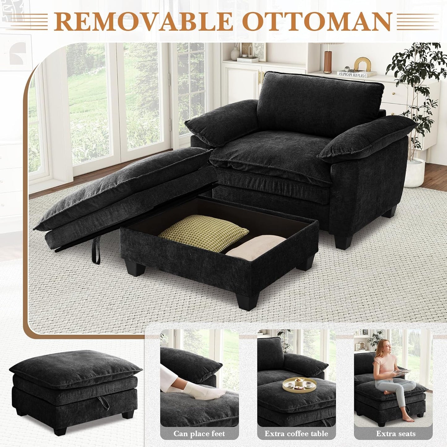 51" Oversized Chaise Lounge Chair Indoor with Storage Ottoman, Upholstered Cloud Accent Chair with Extra Wide Armrests, Comfy Beige Chenille Sleeper Chair for Living Room Bedroom Reading (Black)