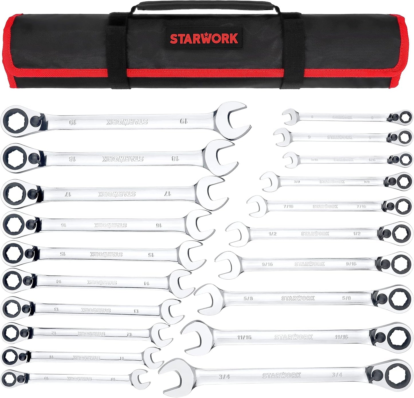 TRUE MECHANIC™ 20 Pc. 120T Reversible Ratcheting Combination Wrench Set, Long Pattern, SAE, Metric, Professional, With Portable Roll-Up Pouch Bag