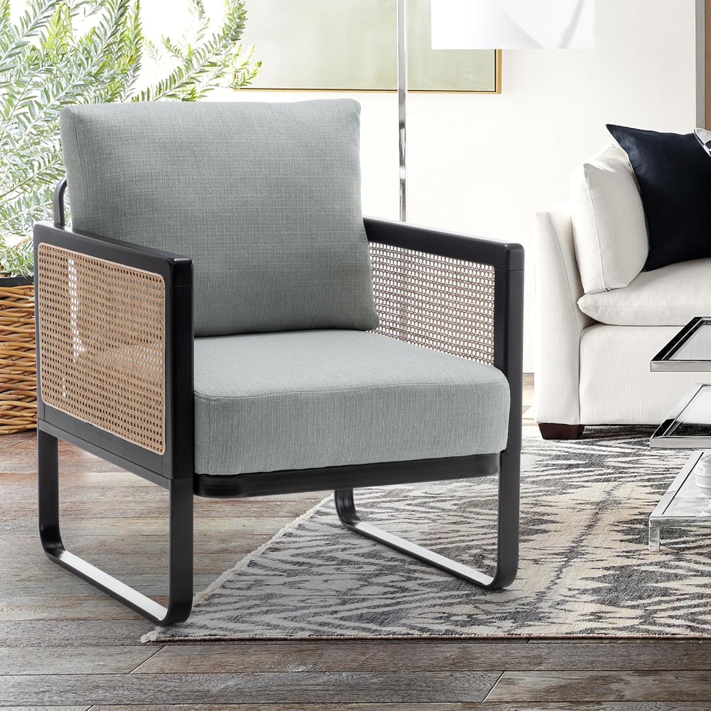WENTMENT Rattan Accent Chairs Set of 2 Sofa Chair with Natural Rattan Armrest and Removable Backrest, Upholstered Living Room Chair Lounge Chair for Reception Room/Hosting Room/Bedroom(Grey)
