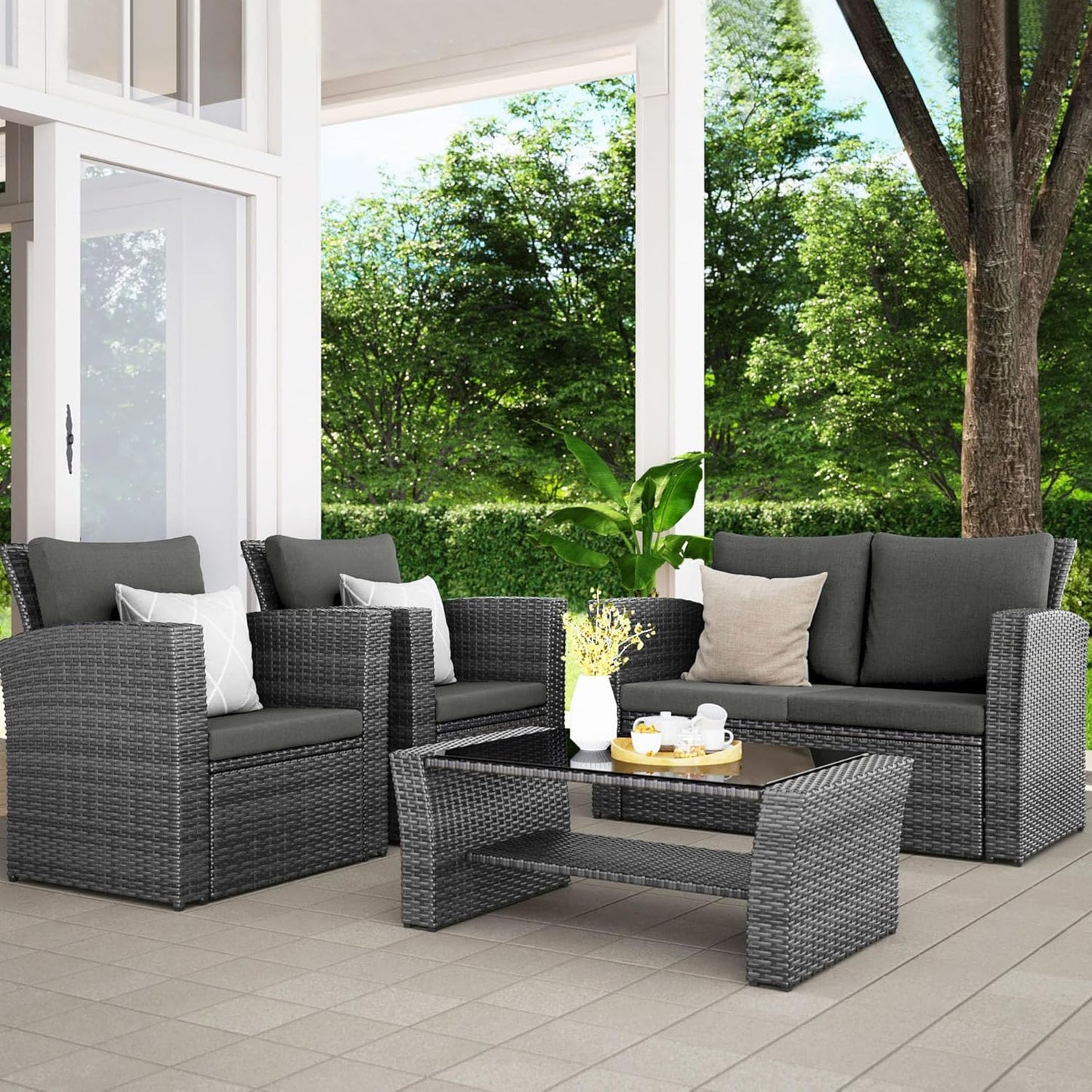 Wisteria Lane 4 Piece Patio Furniture Set, Wicker Outdoor Patio Conversation Furniture Set, All Weather Outdoor Patio Sofa with Cushion and Glass Table, Brown