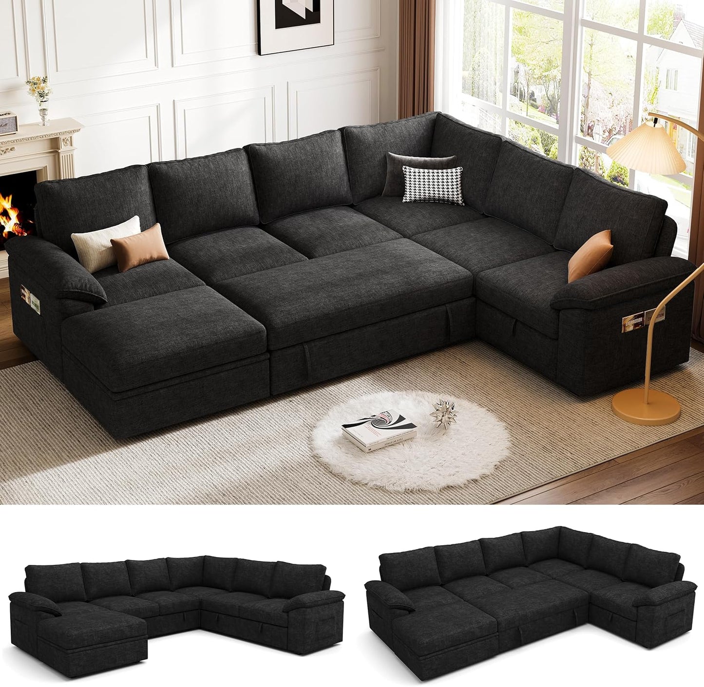 108 Inch Sectional Sleeper Sofa with Pull Out Bed,U Shaped 7 Seat Modular Sectional Sofa with Storage,Sectional Couches for Living Room,Cloud Modular Couch,Removable Sofa Cover,Dark Grey