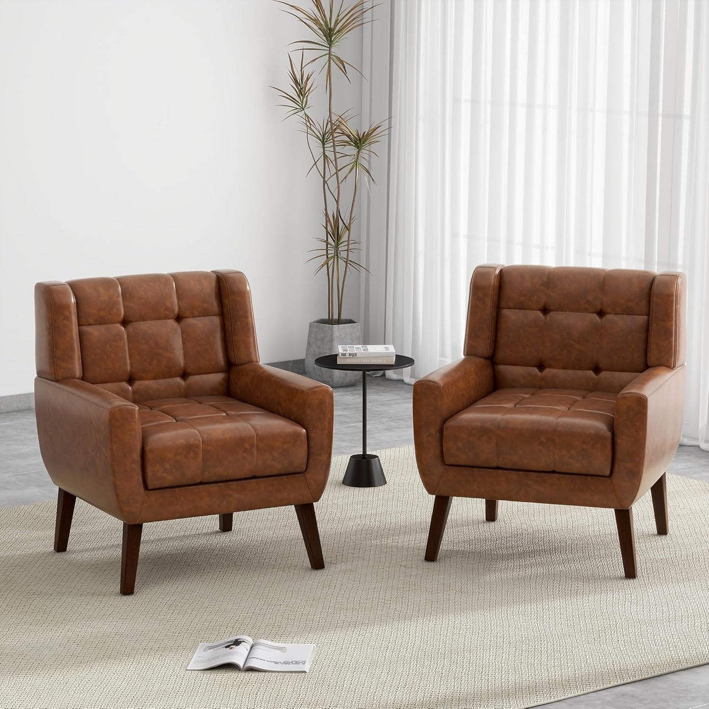 UIXE Accent Chairs Set of 2, Modern Upholstered Arm Chair in Fabric for Living Room, Comfy Armchair Single Sofa Seat with Solid Wooden Legs (Green)