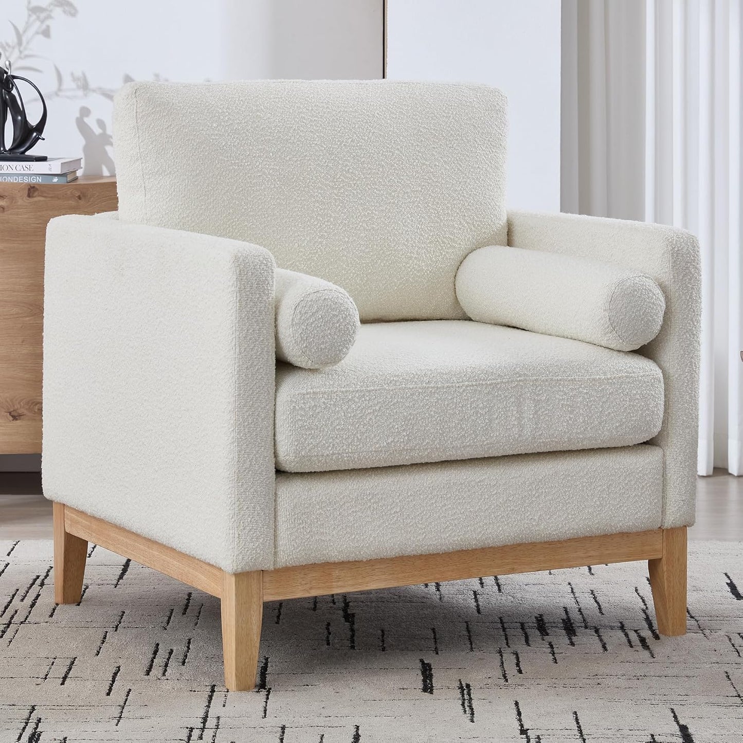 Yowan&Sillan 35.4" Wide Large Armchair Oversized Accent Chair,Modern Boucle Comfy Living Room Bedroom Reading Chairs Single Sofa,Black Wood Leg,Chairs for Lounge,Study,Office,Reception,Black