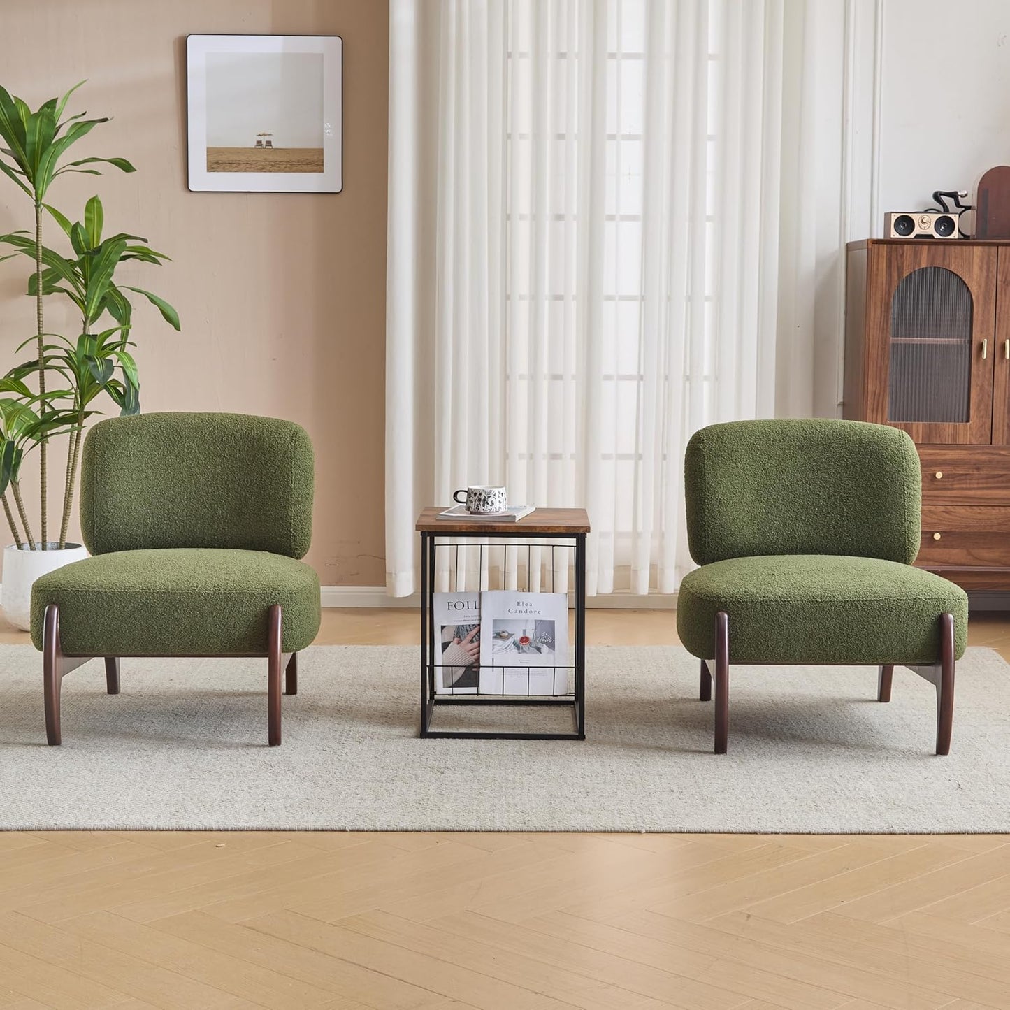 Christopher Knight Home Faron Modern Boucle Upholstered Accent Chair Set of 2, Wooden Armless Club Chair for Living Room, Bedroom Comfy Reading Chair Set, Olive Green