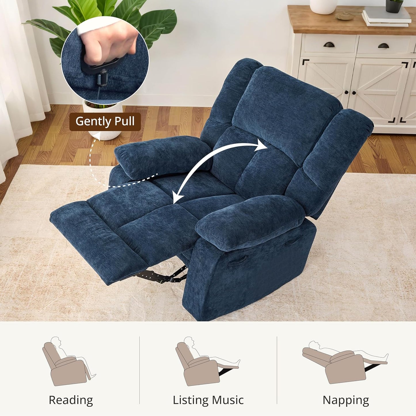 Velvet Rocker Recliner Chair for Adults, Rocker Recliner Nursing Single Sofa with Overstuffed Armrest and Backrest, Lazy Boy Recliner Chair with Side Pockets for Living Room, Medium, Blue
