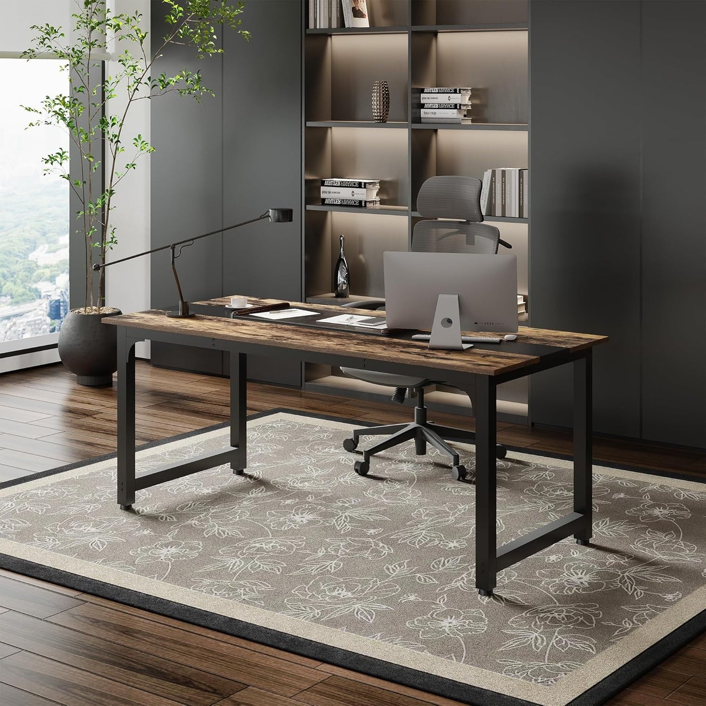 Large Office Computer Desk with Thicken Frame, 79.53 x 31.5 inch Modern Simple Workstation Business Furniture for Home Office, Rustic/Black