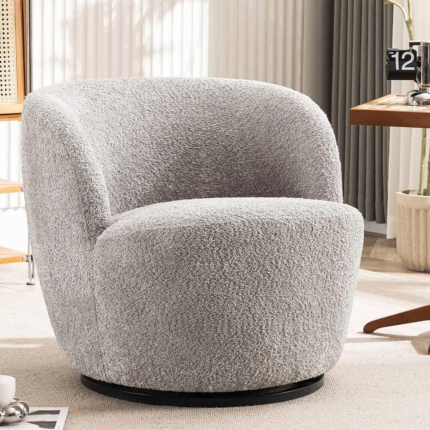 Rowill 30" Wide Swivel Barrel Accent Chair, Modern Upholstered Round Chairs with Curved Back and Soft Cushion, Boucle Fabric Padded Armchair Single Sofa for Living Room, Bedroom, Reading Room, Beige