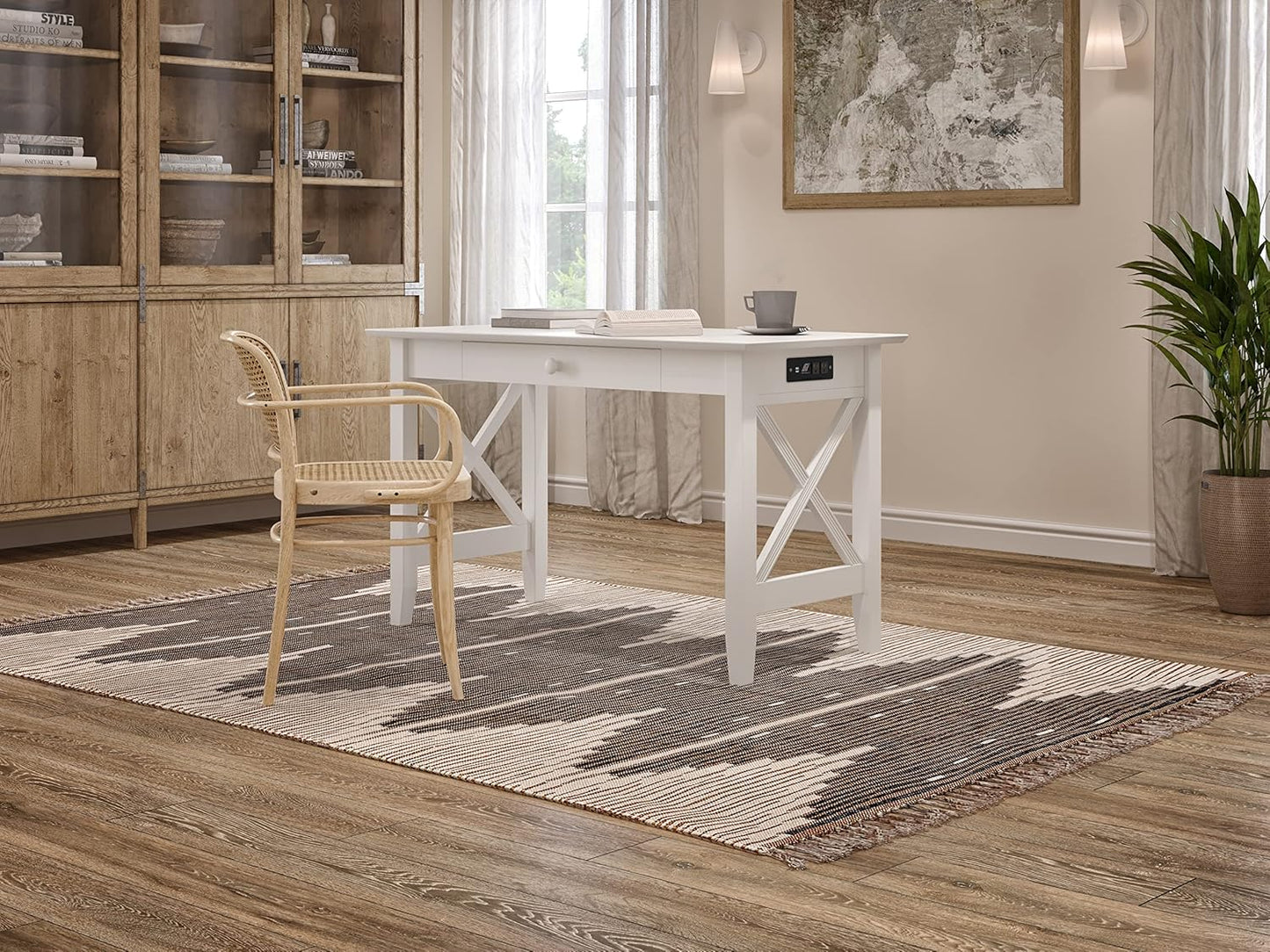 AFI 48" Solid Wood Writing Desk - Sturdy X Design - Home Office Desk with Drawer, Laptop Computer Work Study Table with USB Charger Grey