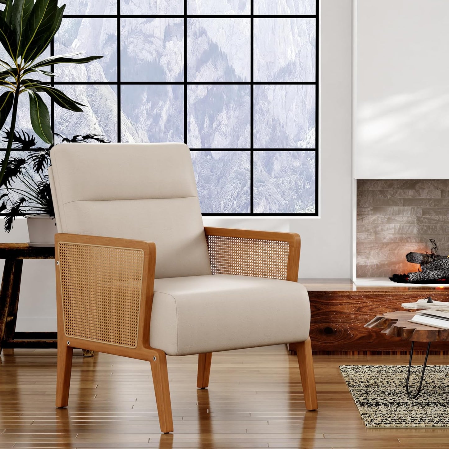 Yongchuang Beige Accent Chairs Set of 2 Upholstered Living Room Chairs with Natural Rattan Arm, Modern Faux Leather Arm Chairs for Bedroom Club Reception