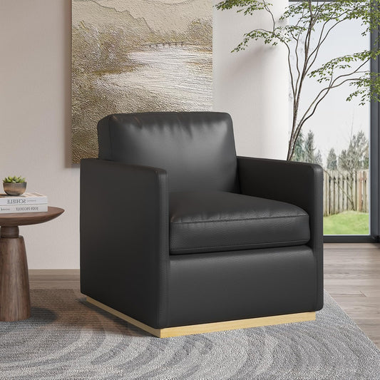 Swivel Barrel Chair, Premium Comfy Round Accent Chair for Living Room, Mid Century Modern Reading Chair for Adults, Armchair for Small Spaces, Bedroom Side Chairs for Home/Office/Leather Black