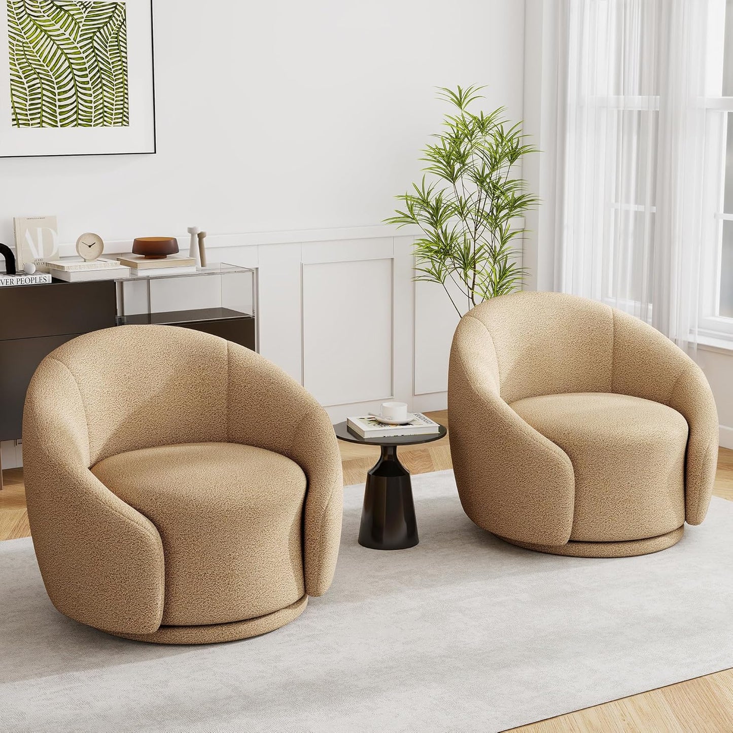 UIXE Swivel Accent Chair, Boucle Barrel Chair Upholstered Arm Chair for Living Room, Modern Round Club Chair with Turntable Base - White, Set of 1