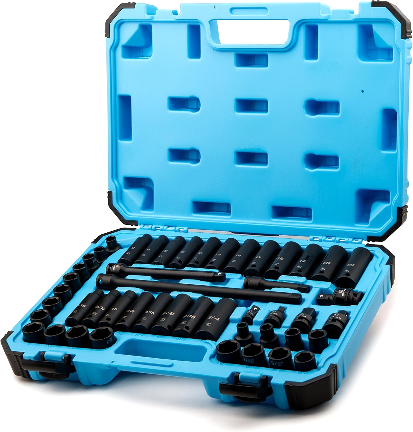 Capri Tools 3/8 in. Drive Shallow, Semi-Deep and Deep Impact Socket Set, Metric, 8 to 22 mm, 45-Piece with Billet Aluminum Socket Rail