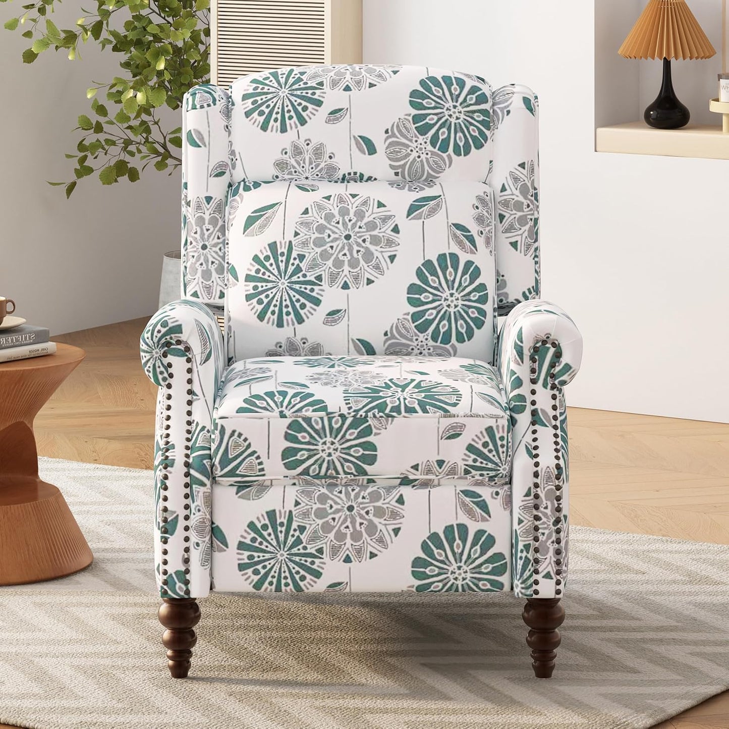 Christopher Knight Home 29.75" Push Back Recliner Chair,Upholstered Recliner Armchair with Classic Wing Back and Solid Gourd-Shaped Wooden Legs, White&Blue