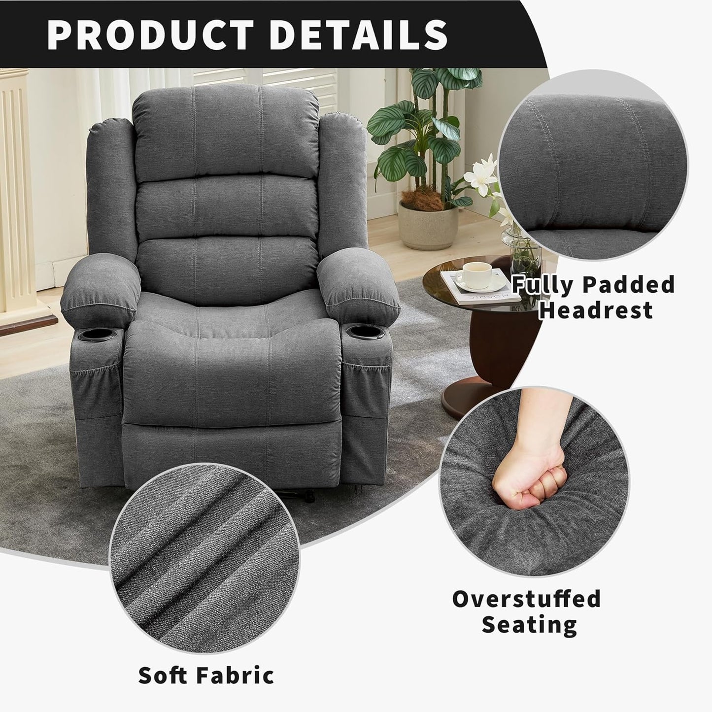 Wide Manual Recliner Chair for Adults – Widen Oversize Overstuffed Breathable Fabric Lounge Chair with 3 Angle Modes 2 Cup Holders Side Pockets