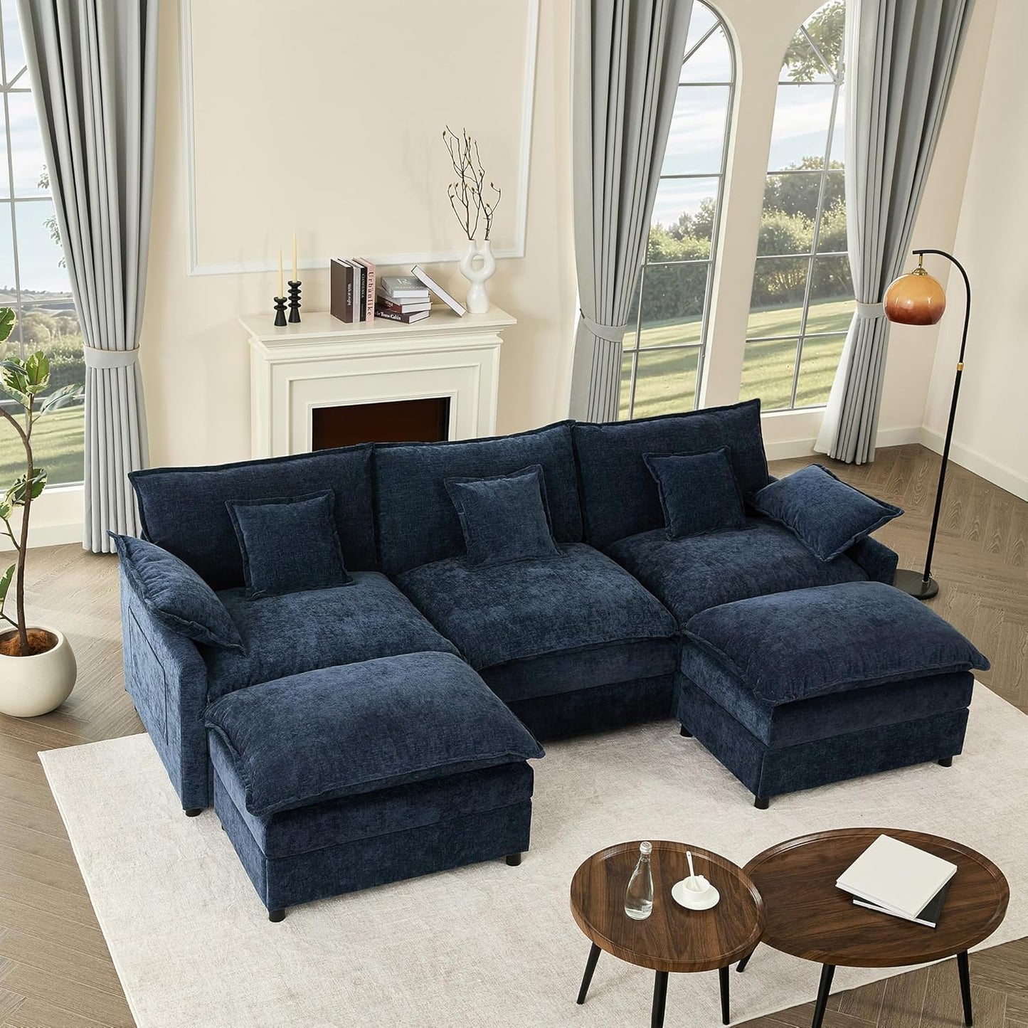 108" U Shaped Couch, Modular Sectional Sofa, 3-Seater Comfy Cloud Couch with Movable Ottoman, Deep Seat Couches for Living Room, Linen, Beige