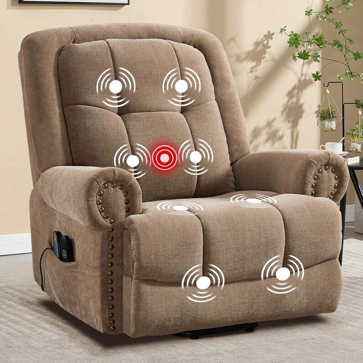 CANMOV 46" Wide Power Lift Recliner Chair for Elderly, Extra Large Electric Recliner, with Massage and Heat, Antiskid Fabric Recliner, USB Charger & Side Pockets, for Living Room, Brown