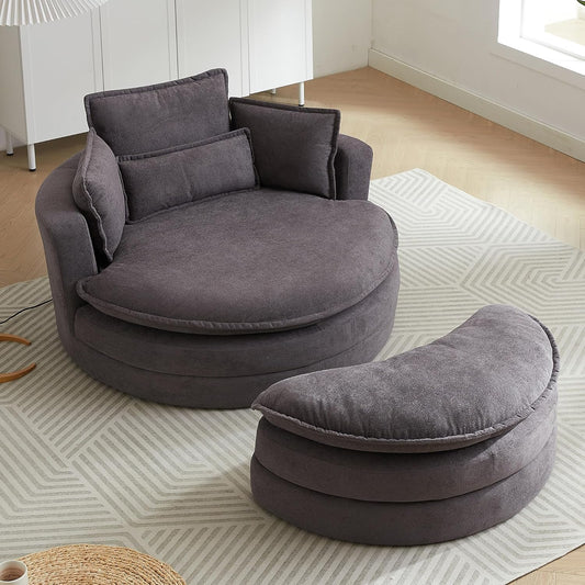52'' Accent Swivel Barrel Chair with Storage Ottoman,Modern Oversize Round Swivel Leisure Armchair for 4 Pillows, Chenille Fabric for Living Room,Hotel,Club Lounge Chair,Grey…