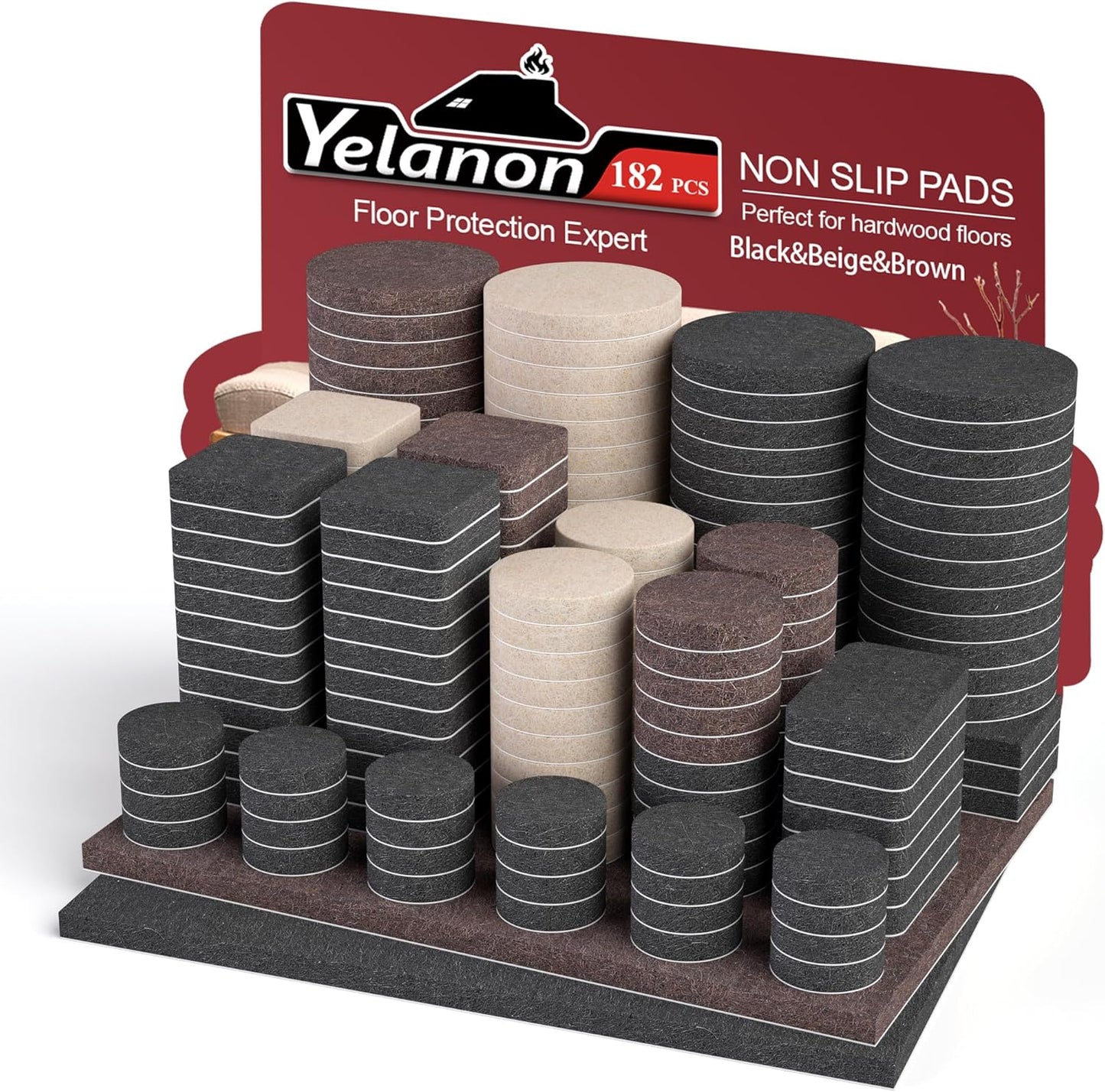 Yelanon Felt Furniture Pads -182 Pcs Premium Felt Pads for Chair Legs Furniture, Floor Protectors for Hardwood Floors, Black