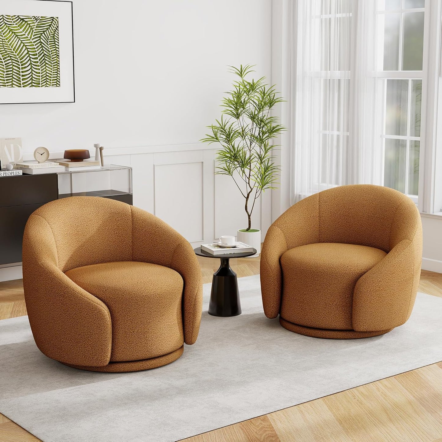 UIXE Swivel Accent Chair, Boucle Barrel Chair Upholstered Arm Chair for Living Room, Modern Round Club Chair with Turntable Base - White, Set of 1