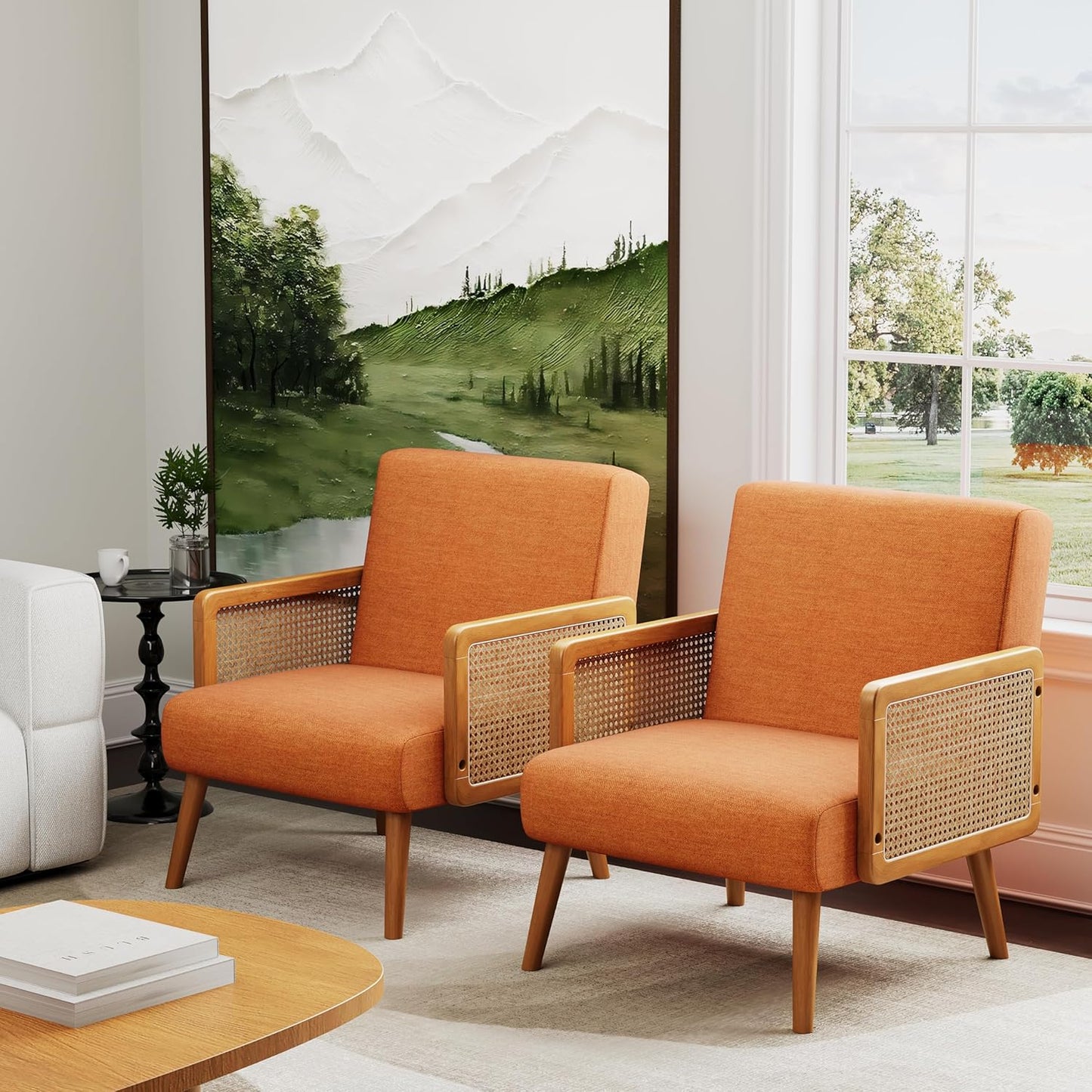 Yongqiang Orange Accent Chairs Set of 2, Natural Rattan Upholstered Arm Chairs for Bedroom Living Room Side Chairs Linen Comfy Reading Chair