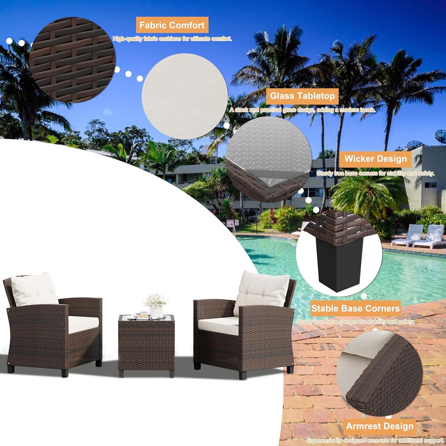 Shintenchi 3 Pieces Patio Furniture Set 3 Pieces PE Rattan Wicker Chairs with Table Outdoor Furniture for Backyard/Garden/Poolside/Outdoor Restaurant Brown Rattan with White Cushion