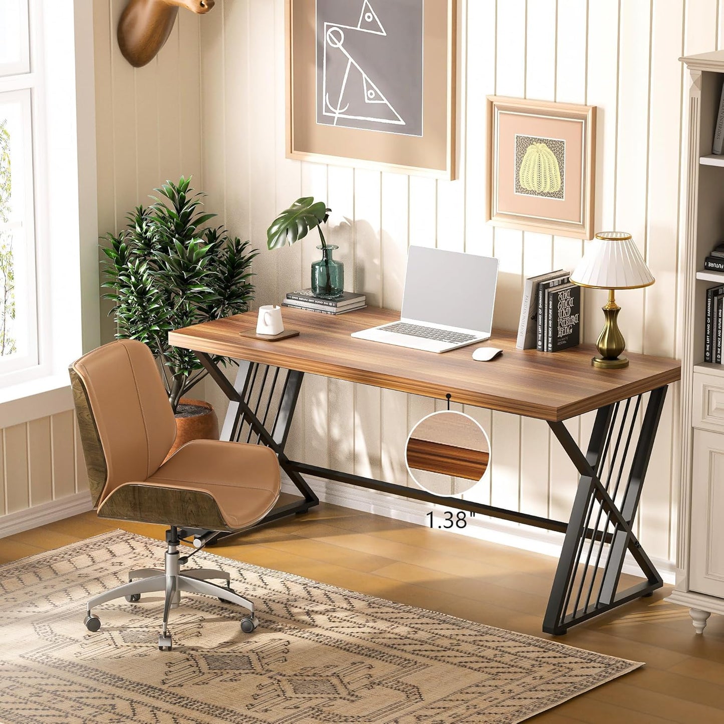 YOHKOH 59" Home Office Desk, Extra-Wide 23.6" Workspace with 1.38IN Thick Top, Heavy-Duty Z-Shaped Carbon Steel, 10-Min 2-Person Assembly, for Executive/Office/Home Study, Walnut Brown
