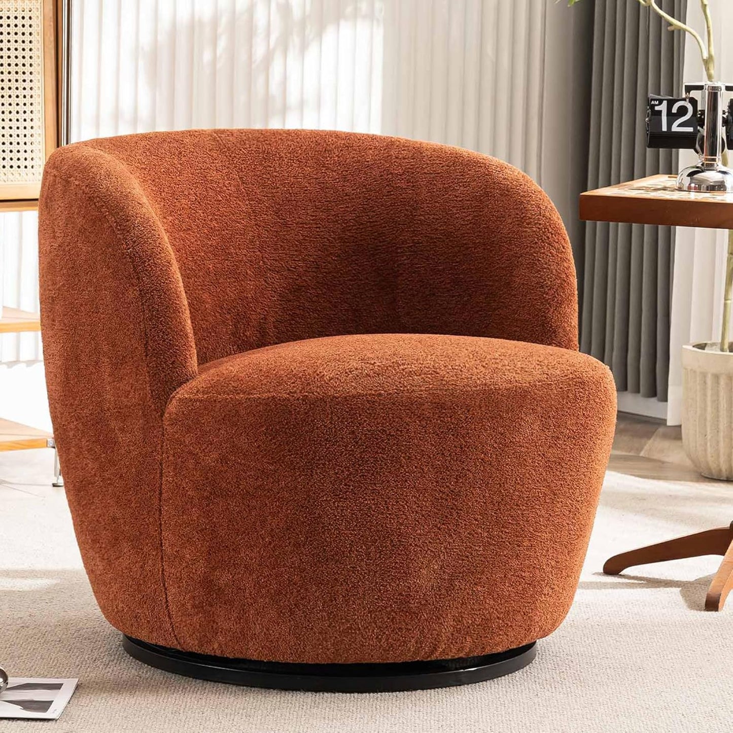 Rowill 30" Wide Swivel Barrel Accent Chair, Modern Upholstered Round Chairs with Curved Back and Soft Cushion, Boucle Fabric Padded Armchair Single Sofa for Living Room, Bedroom, Reading Room, Beige
