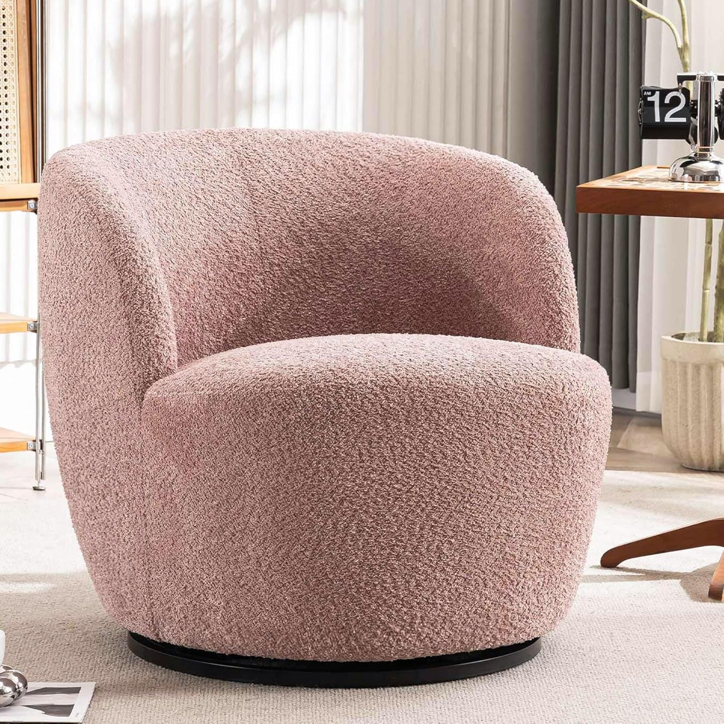 Rowill 30" Wide Swivel Barrel Accent Chair, Modern Upholstered Round Chairs with Curved Back and Soft Cushion, Boucle Fabric Padded Armchair Single Sofa for Living Room, Bedroom, Reading Room, Beige