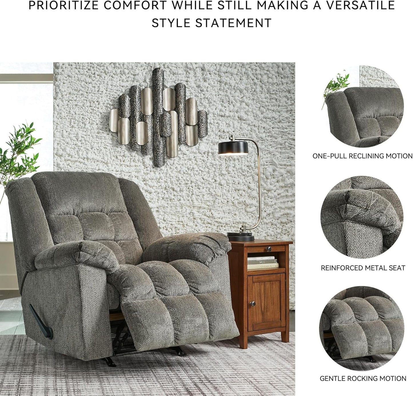 Signature Design by Ashley Kegler Contemporary Tufted Manual Rocker Recliner, Gray