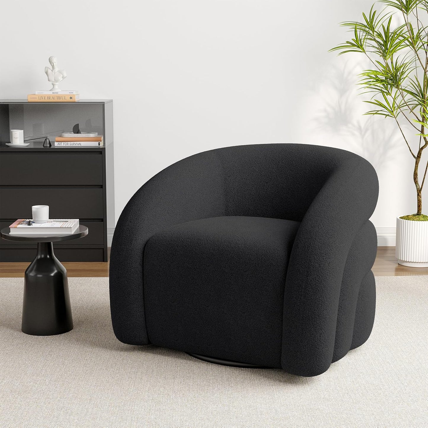 UIXE Swivel Barrel Accent Chair, Boucle Upholstered Arm Chair for Living Room, Modern Round Armchair Comfy Reading Sofa Seat with Solid Metal Base, Fully Assembled - Gray