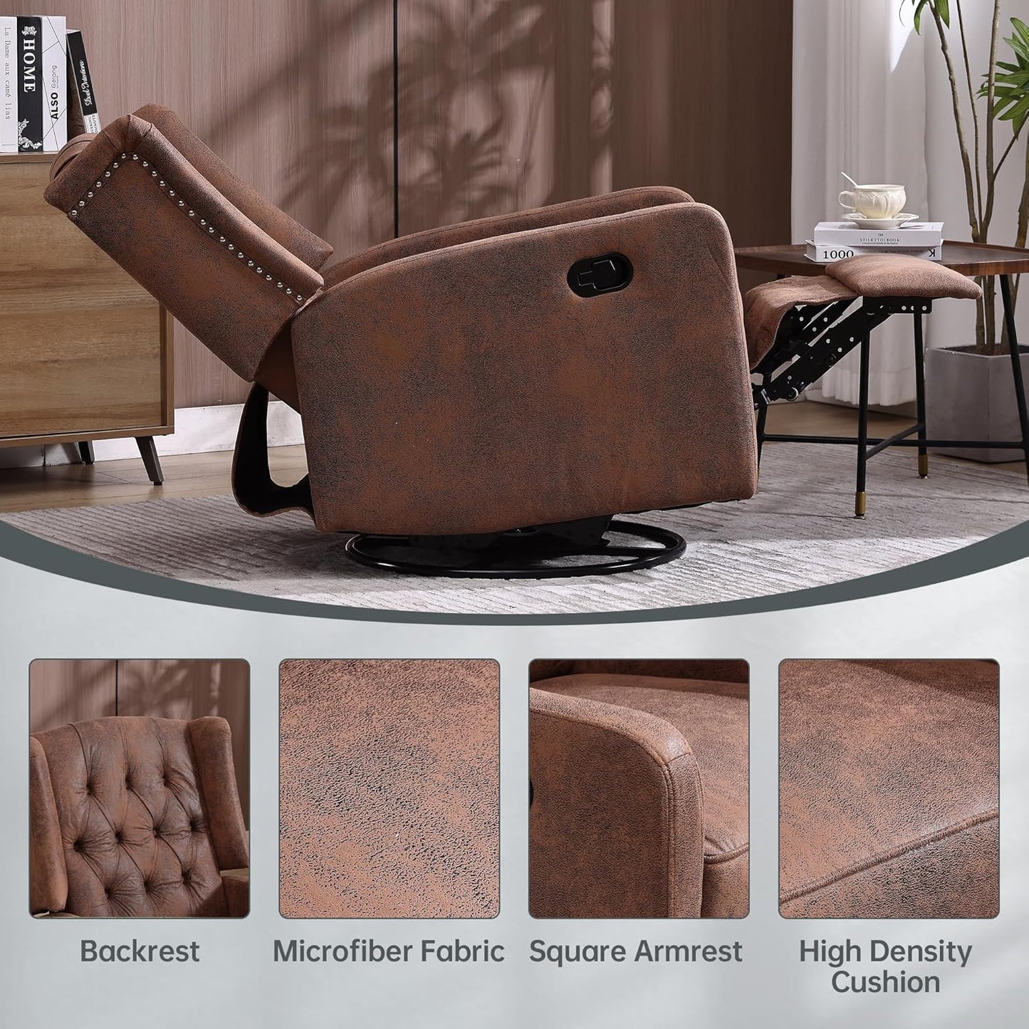 Rocking Recliner Chair,360 Degree Swivel Nursery Rocking Chair,Glider Chair,Modern Small Rocking Swivel Recliner Chair for Bedroom,Living Room Chair Home Theater Seat (Coffee)