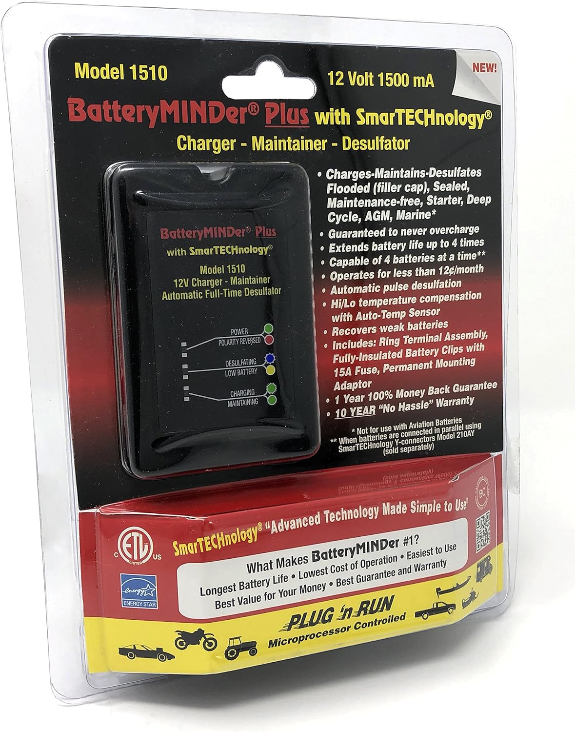 1510: 12 Volt-1.5 Amp Battery Charger, Battery Maintainer, and Battery Desulfator – Designed for Cars, Trucks, Motorcycles, ATV, Boats, RV