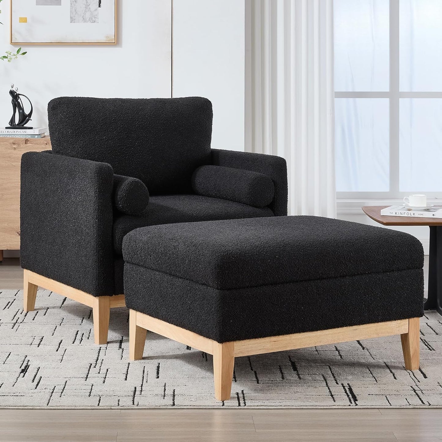 Yowan&Sillan 35.4" Wide Large Armchair Oversized Accent Chair,Modern Boucle Comfy Living Room Bedroom Reading Chairs Single Sofa,Black Wood Leg,Chairs for Lounge,Study,Office,Reception,Black