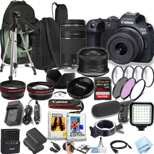 Canon EOS R7 32.5MP Dual Pixel CMOS AF II Mirrorless Camera with 18-45mm and 75-300mm Lense+ Sling Backpack + 128GB Memory Card + Video Light + Microphone + More (Pro Video Bundle) (Renewed)