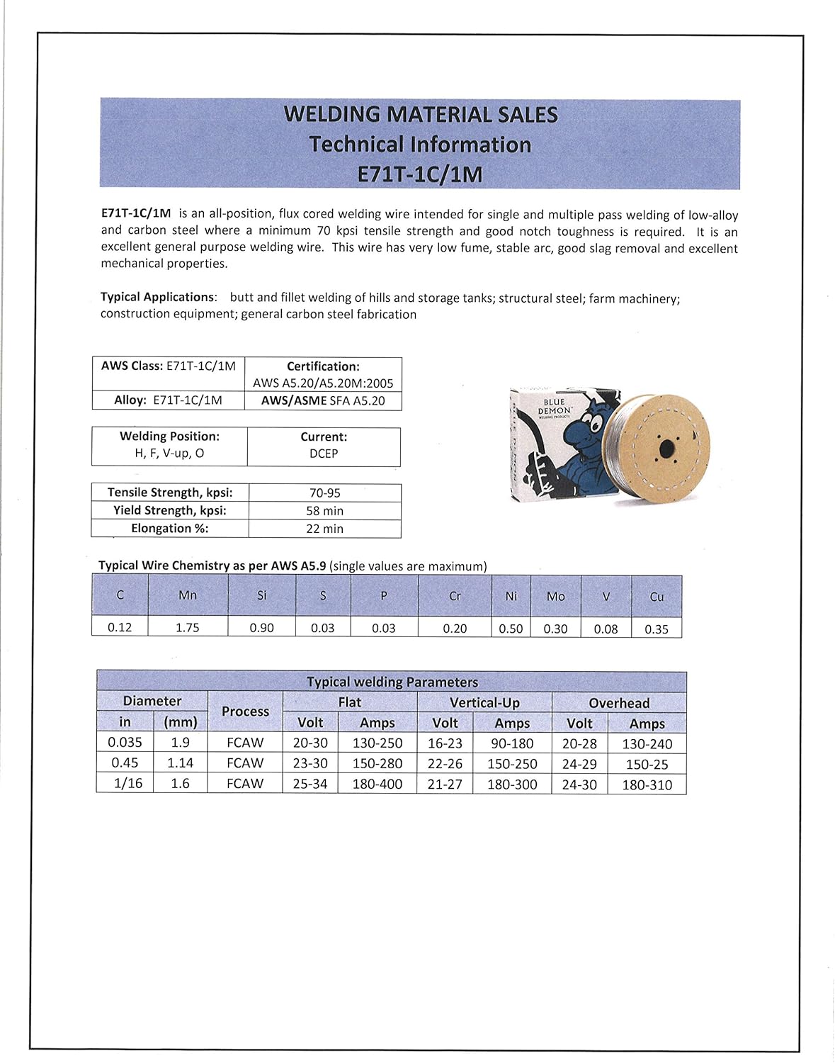 Blue Demon E71T-1/1M X .035 X 11LB Spool Dual Shield Gas Shielded Flux Core Welding Wire, General Purpose, All Position, Low Fumes, Stable Arc, Requires Shielding Gas
