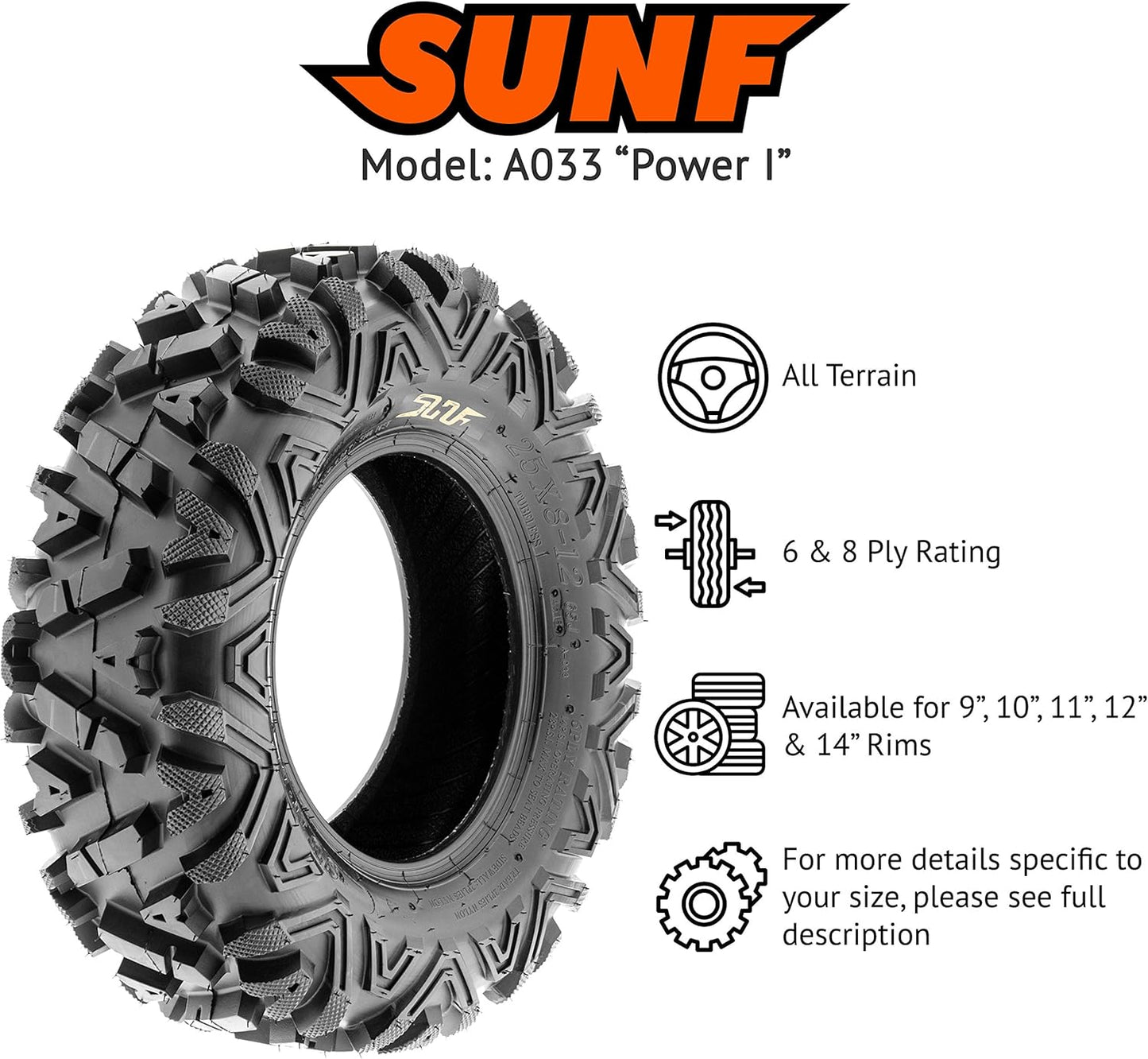 【2 Front 25x10-12 】【2 Rear 25x11-12 】SunF ATV UTV All Terrain Tires Tubeless 6 Ply Rating- A033 - Power I