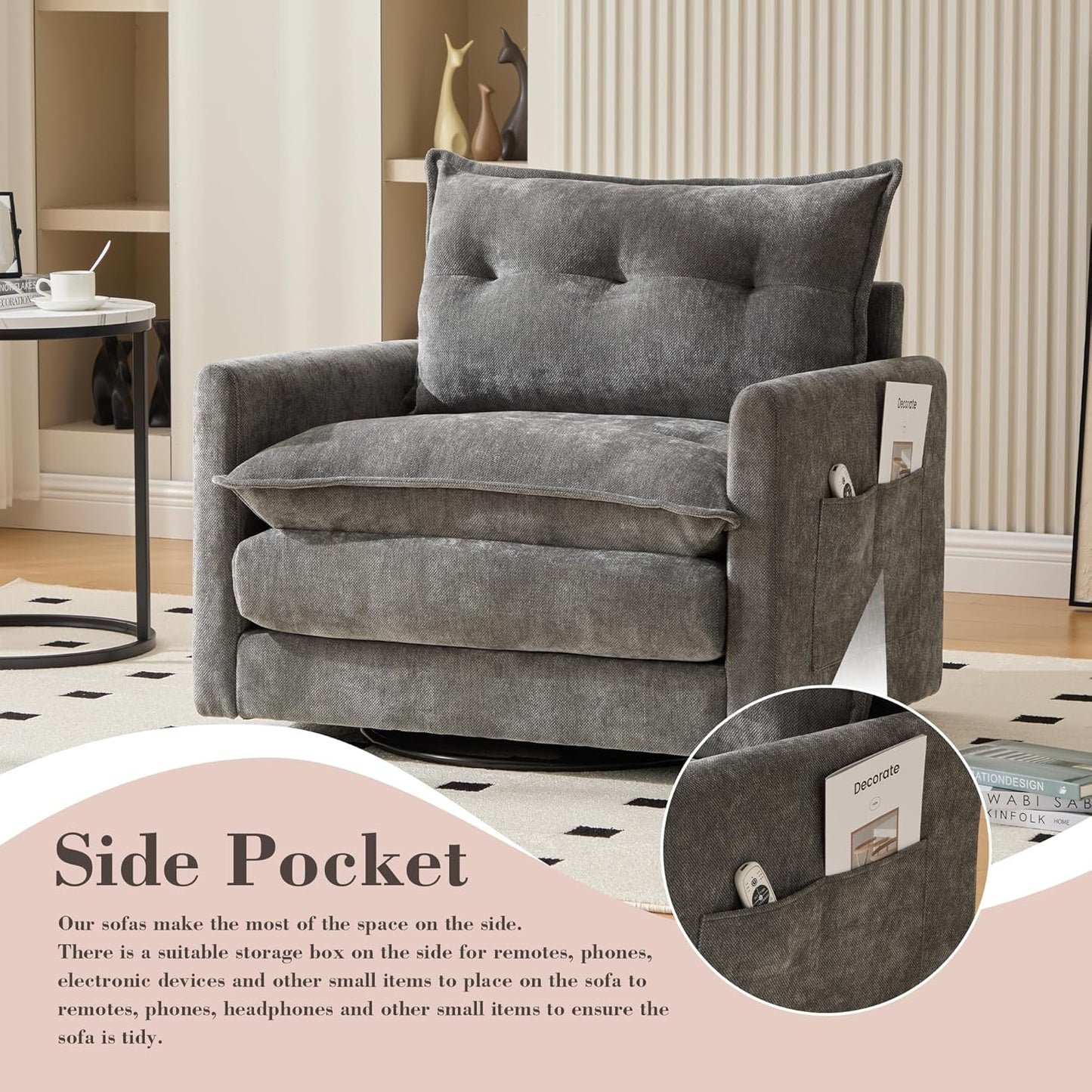 Swivel Accent Chair, 360° Rotating Square Arm Chair, Modern Accent Chair with Solid Metal Base, Chenille Comfy Upholstered Single Sofa for Living Room Bedroom Office (Gray)