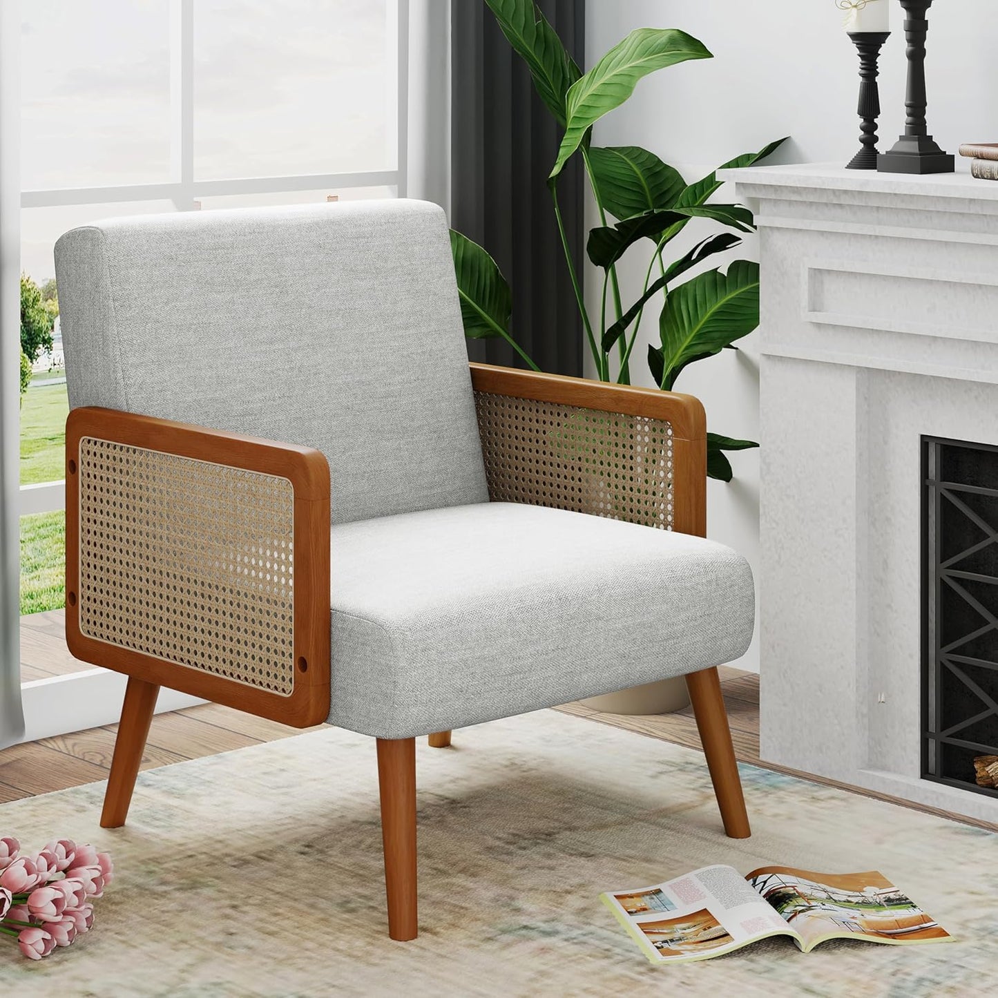 Yongqiang Orange Accent Chairs Set of 2, Natural Rattan Upholstered Arm Chairs for Bedroom Living Room Side Chairs Linen Comfy Reading Chair